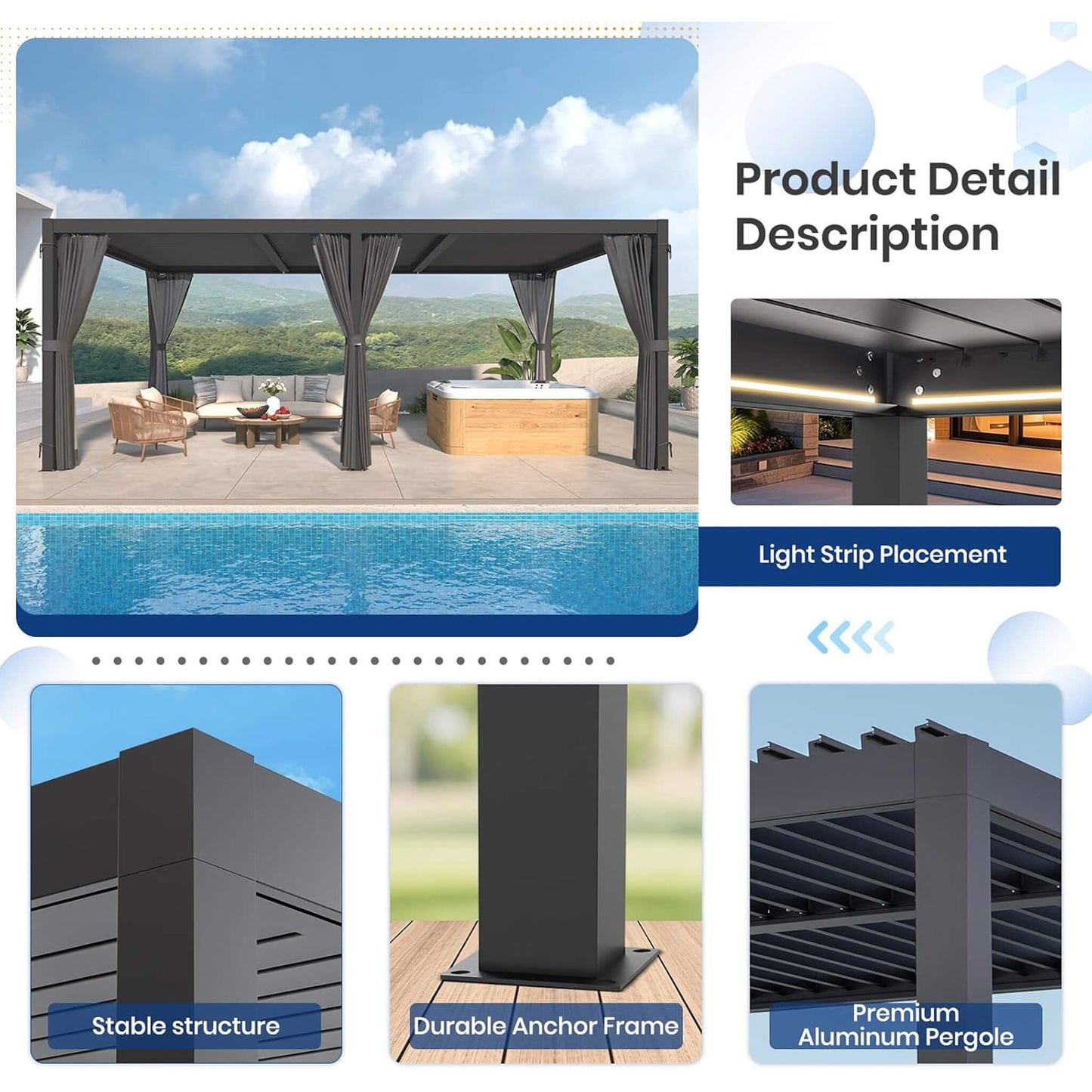 10X20 FT Alora Premium Louvered Pergola With Curtains And Netting