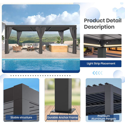 10X20 FT Alora Premium Louvered Pergola With Curtains And Netting