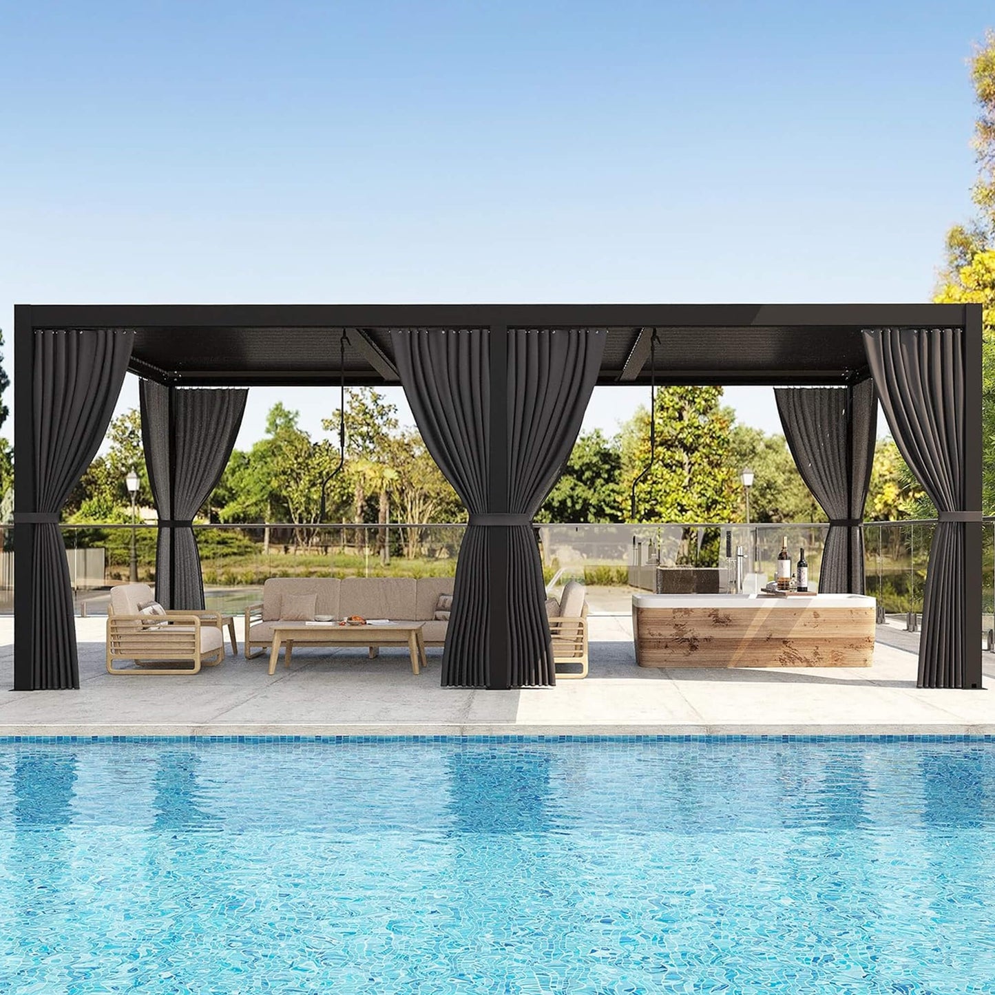 10X20 FT Alora Premium Louvered Pergola With Curtains And Netting