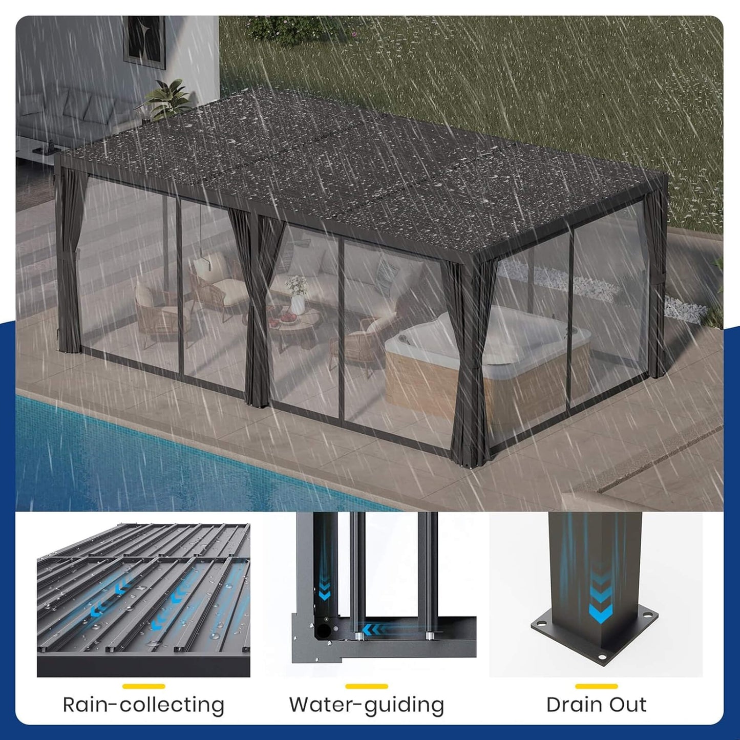 10X20 FT Alora Premium Louvered Pergola With Curtains And Netting