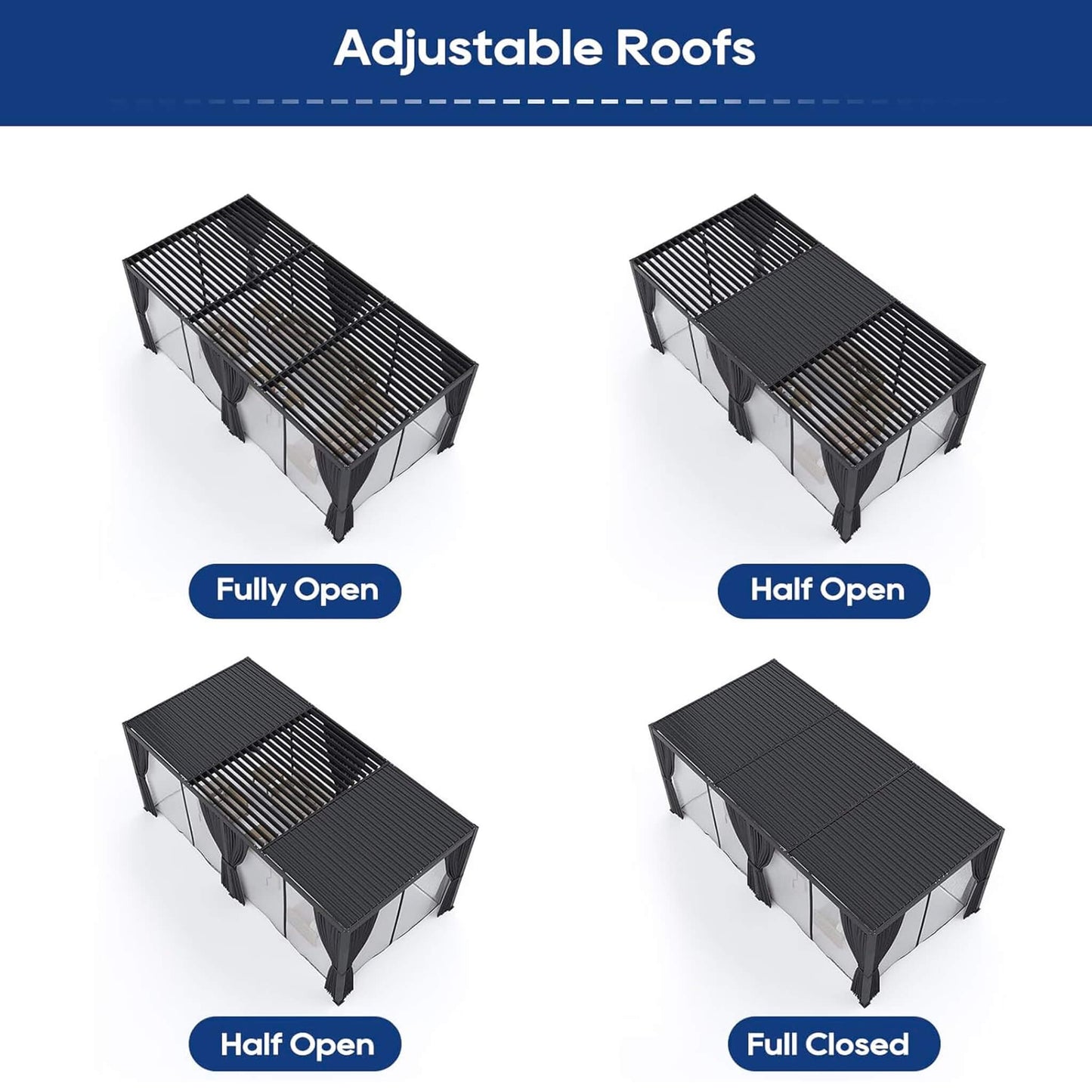 10X20 FT Alora Premium Louvered Pergola With Curtains And Netting