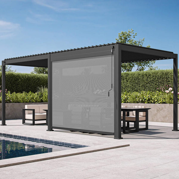 10X20 FT Alora Modern Outdoor Adjustable Charcoal Louvered Pergola With Screens & Built-In Drainage