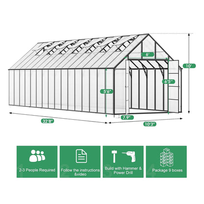 10' x 32' Heavy-Duty Outdoor Greenhouse – Aluminum Frame, UV-Resistant Polycarbonate Panels & 7 Roof Vents