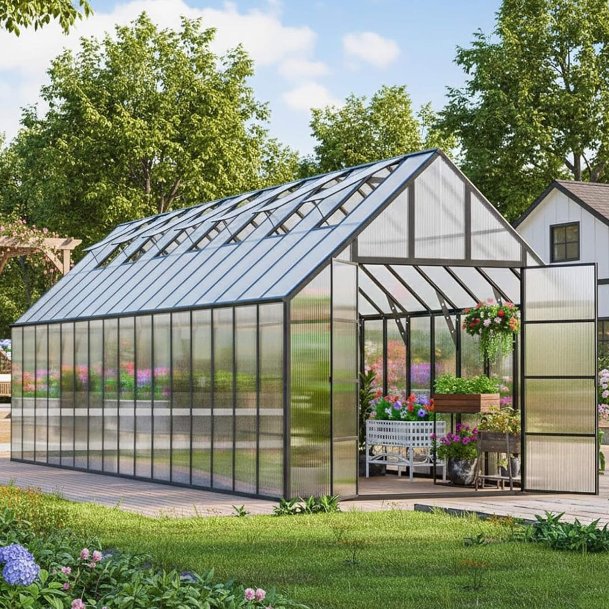 10' x 32' Heavy-Duty Outdoor Greenhouse – Aluminum Frame, UV-Resistant Polycarbonate Panels & 7 Roof Vents