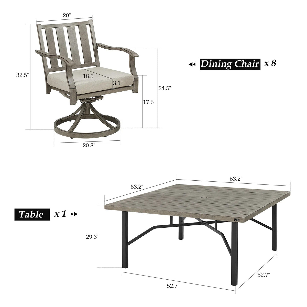 Azur Outdoor 8 Person Square Dining Set with Sunbrella® Cushions