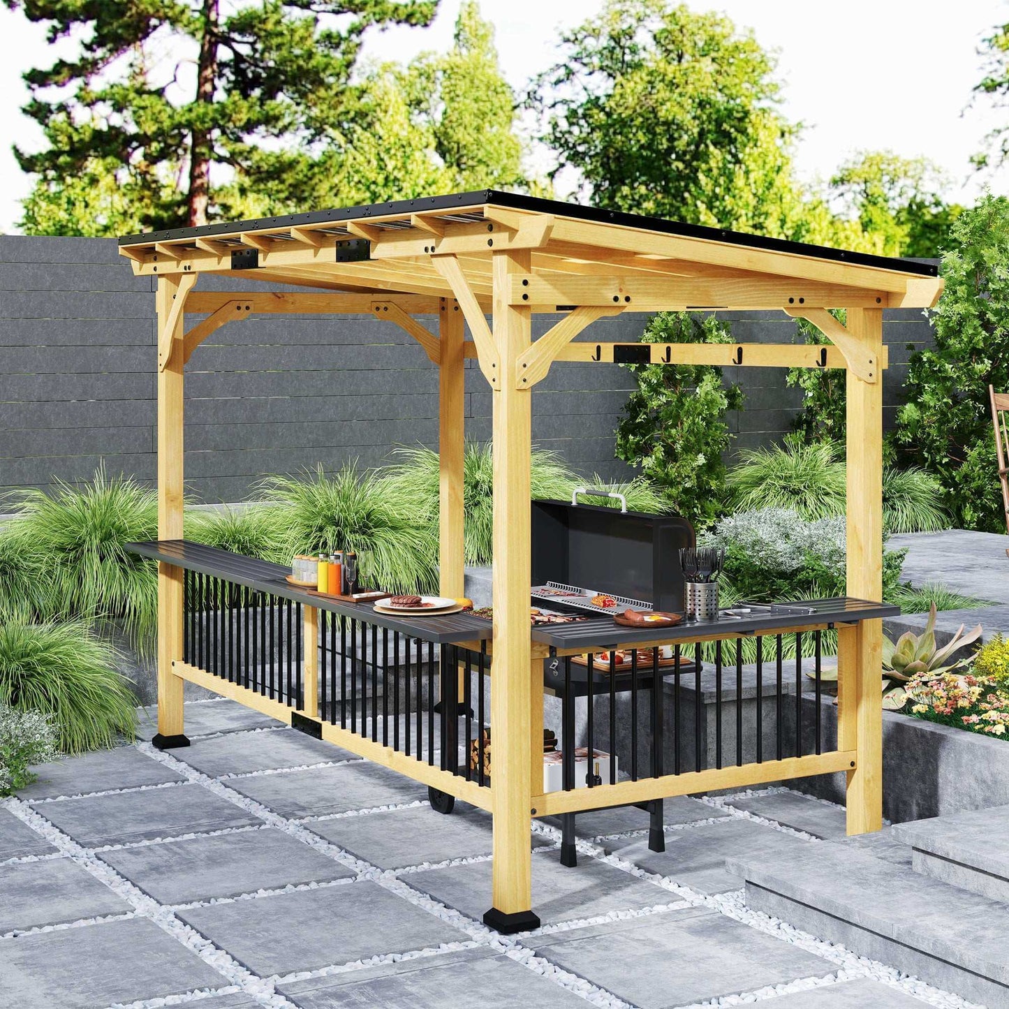 13 X 6 Wooden BBQ Grill Gazebo, Outdoor Hardtop Grill Gazebo with Metal Roof, 2 Bar Shelves And 6 Hooks, Natural