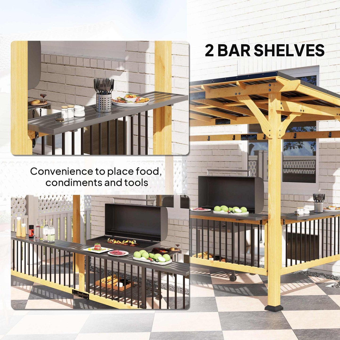 13 X 6 Wooden BBQ Grill Gazebo, Outdoor Hardtop Grill Gazebo with Metal Roof, 2 Bar Shelves And 6 Hooks, Natural