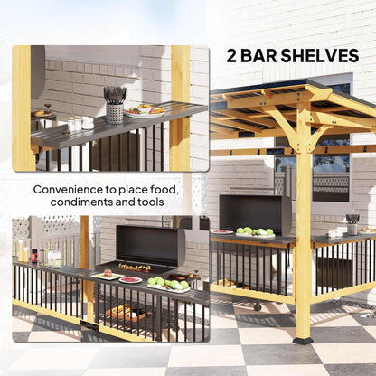 13 X 6 Wooden BBQ Grill Gazebo, Outdoor Hardtop Grill Gazebo with Metal Roof, 2 Bar Shelves And 6 Hooks, Natural
