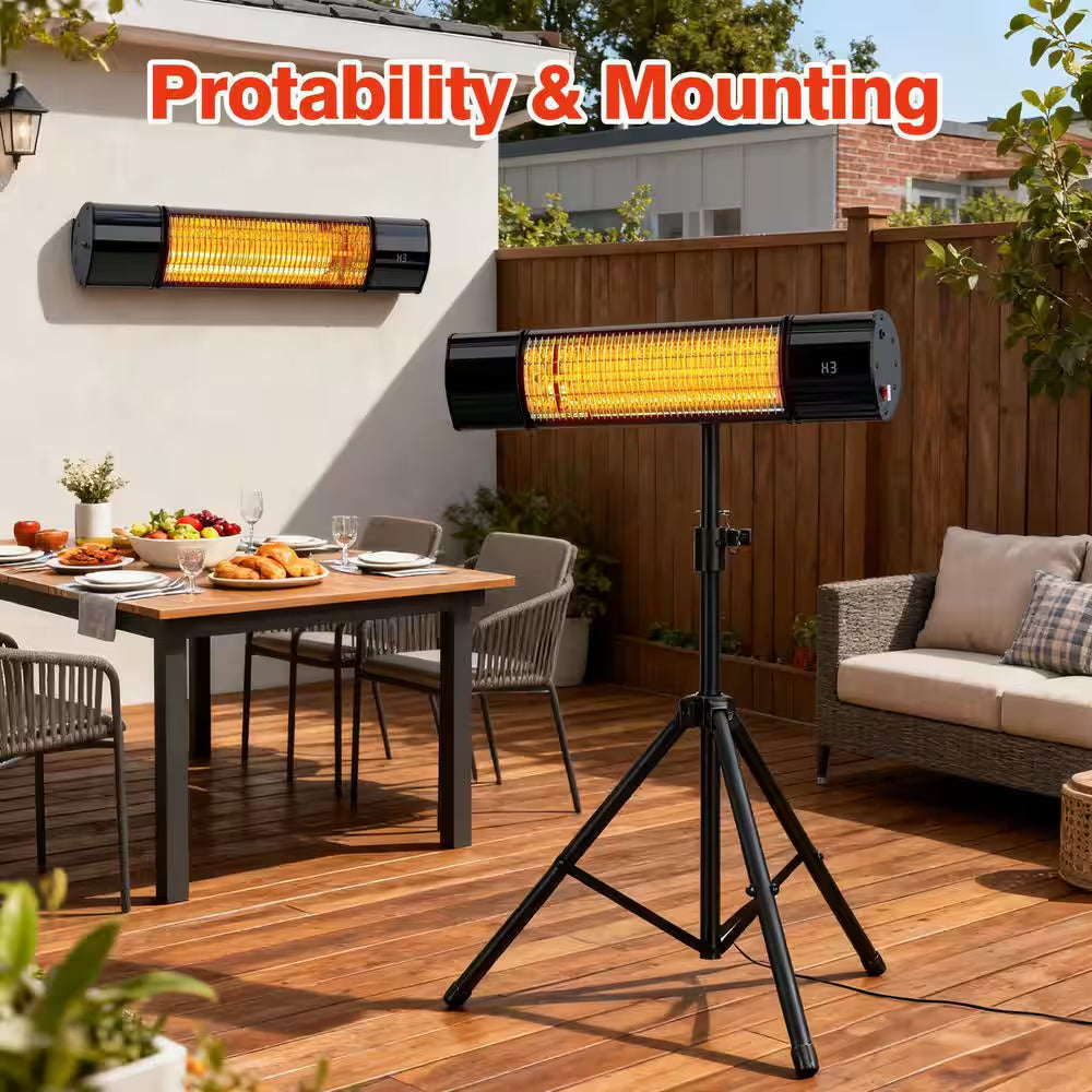 1500W Indoor Outdoor Carbon Infrared Electric Heater with Tripod Stand Wall Mount Remote Timer Tip-Over Switch