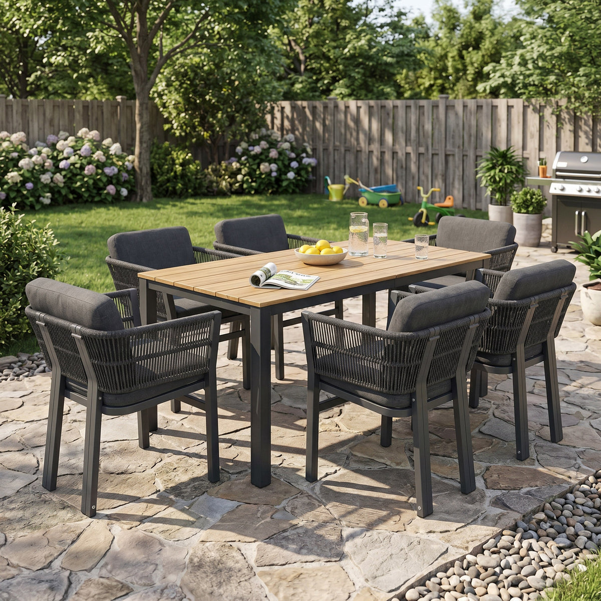 Acacia Wood Outdoor Dining Set with Aluminum Rope‑Woven Chairs — 7‑Piece