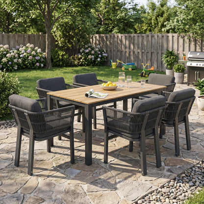 Acacia Wood Outdoor Dining Set with Aluminum Rope‑Woven Chairs — 7‑Piece