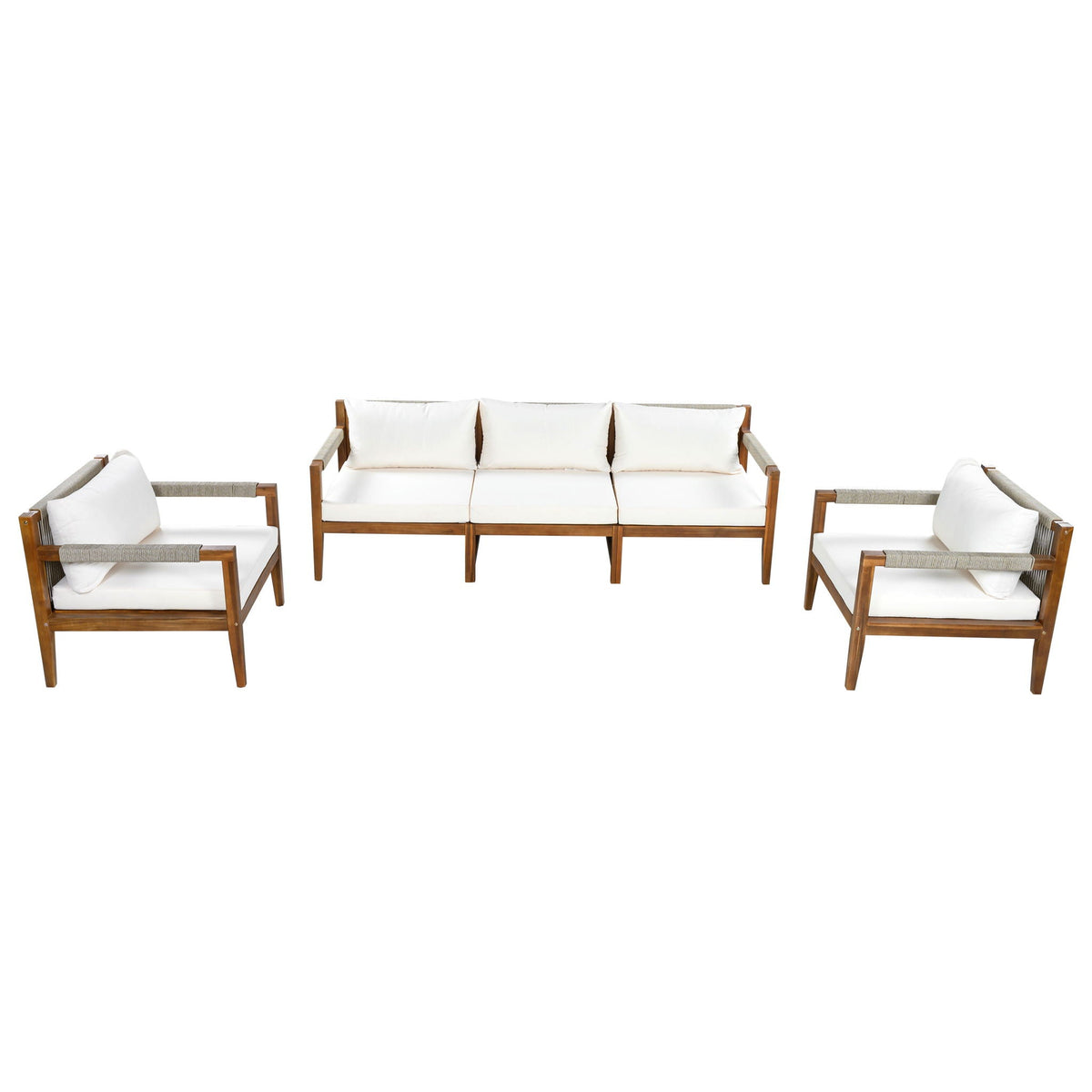 Acacia Wood Outdoor Modular Seating Set with Rope Accents & Water‑Resistant Cushions – 3‑Piece