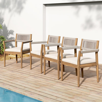 raided Acacia Outdoor Dining Chair Set of 4 — Teak Look with Beige Rope & Cream Cushions