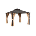 12 x 12 Feet Double-Roof Patio Hardtop Gazebo with Galvanized Steel Roof Netting and Curtains-Coffee