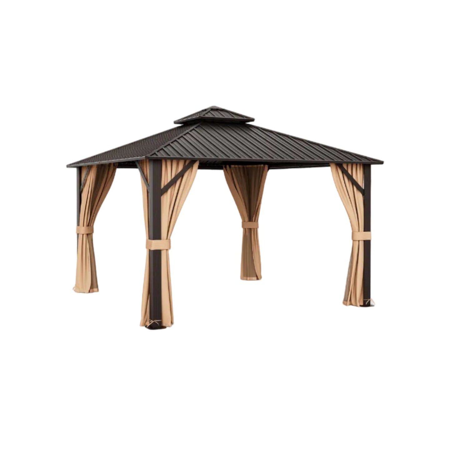 12 x 12 Feet Double-Roof Patio Hardtop Gazebo with Galvanized Steel Roof Netting and Curtains-Coffee