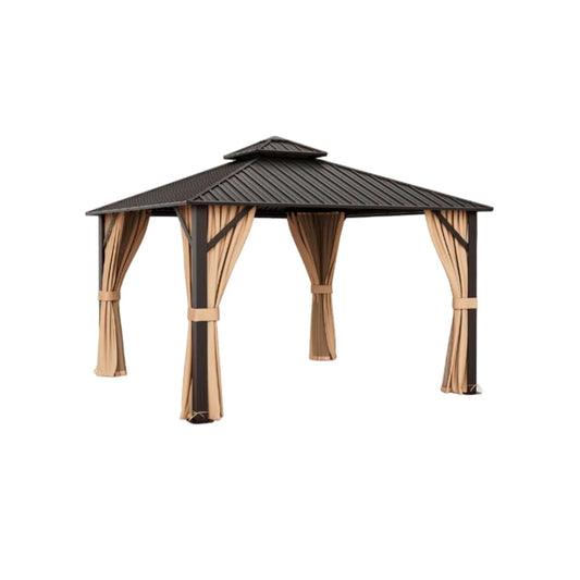 12 x 12 Feet Double-Roof Patio Hardtop Gazebo with Galvanized Steel Roof Netting and Curtains-Coffee