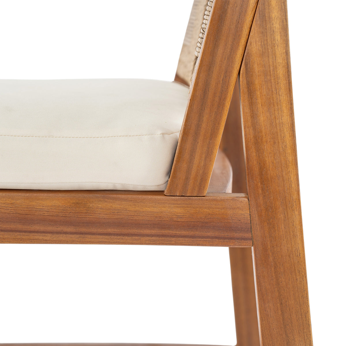 4‑Piece Acacia Wood Outdoor Bar Stool Set — Teak Finish with Woven Wicker & Cream Cushions