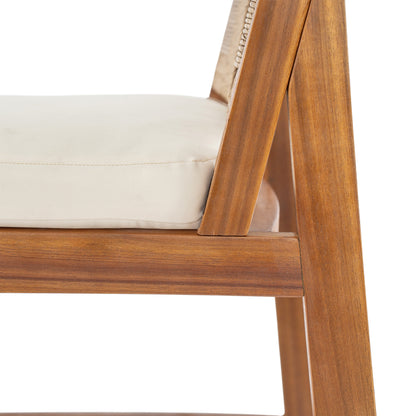4‑Piece Acacia Wood Outdoor Bar Stool Set — Teak Finish with Woven Wicker & Cream Cushions