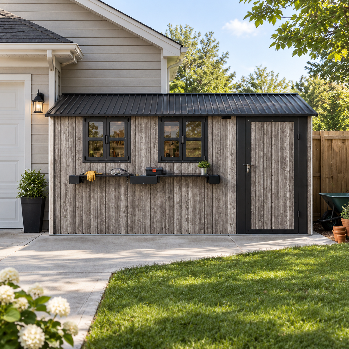 12' × 10' Outdoor Metal Storage Shed with 3 Clear Windows & Decorative Flower Rack, Lockable Single Door Tool Shed, Heavy Duty Waterproof Weatherproof Garden Shed for Backyard Patio Yard,Grey+Black