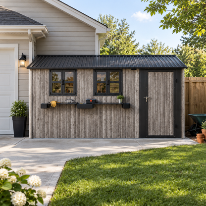 12' × 10' Outdoor Metal Storage Shed with 3 Clear Windows & Decorative Flower Rack, Lockable Single Door Tool Shed, Heavy Duty Waterproof Weatherproof Garden Shed for Backyard Patio Yard,Grey+Black