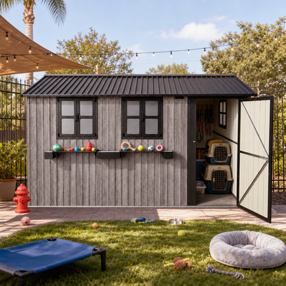 12' × 10' Outdoor Metal Storage Shed with 3 Clear Windows & Decorative Flower Rack, Lockable Single Door Tool Shed, Heavy Duty Waterproof Weatherproof Garden Shed for Backyard Patio Yard,Grey+Black