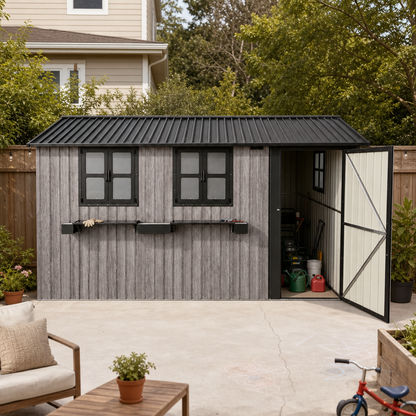 12' × 10' Outdoor Metal Storage Shed with 3 Clear Windows & Decorative Flower Rack, Lockable Single Door Tool Shed, Heavy Duty Waterproof Weatherproof Garden Shed for Backyard Patio Yard,Grey+Black