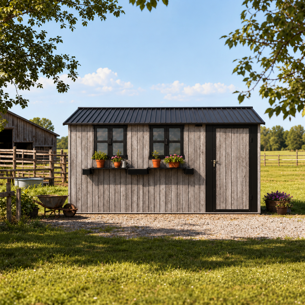 12' × 10' Outdoor Metal Storage Shed with 3 Clear Windows & Decorative Flower Rack, Lockable Single Door Tool Shed, Heavy Duty Waterproof Weatherproof Garden Shed for Backyard Patio Yard,Grey+Black