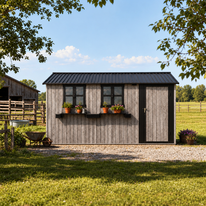 12' × 10' Outdoor Metal Storage Shed with 3 Clear Windows & Decorative Flower Rack, Lockable Single Door Tool Shed, Heavy Duty Waterproof Weatherproof Garden Shed for Backyard Patio Yard,Grey+Black