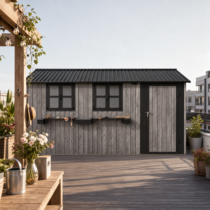 12' × 10' Outdoor Metal Storage Shed with 3 Clear Windows & Decorative Flower Rack, Lockable Single Door Tool Shed, Heavy Duty Waterproof Weatherproof Garden Shed for Backyard Patio Yard,Grey+Black