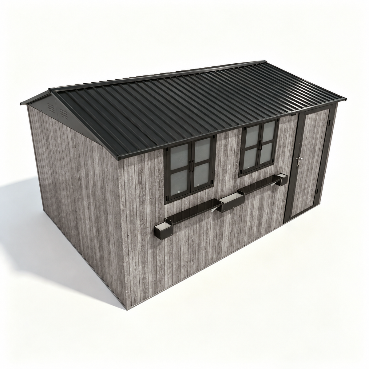 12' × 10' Outdoor Metal Storage Shed with 3 Clear Windows & Decorative Flower Rack, Lockable Single Door Tool Shed, Heavy Duty Waterproof Weatherproof Garden Shed for Backyard Patio Yard,Grey+Black