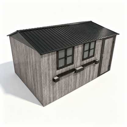 12' × 10' Outdoor Metal Storage Shed with 3 Clear Windows & Decorative Flower Rack, Lockable Single Door Tool Shed, Heavy Duty Waterproof Weatherproof Garden Shed for Backyard Patio Yard,Grey+Black