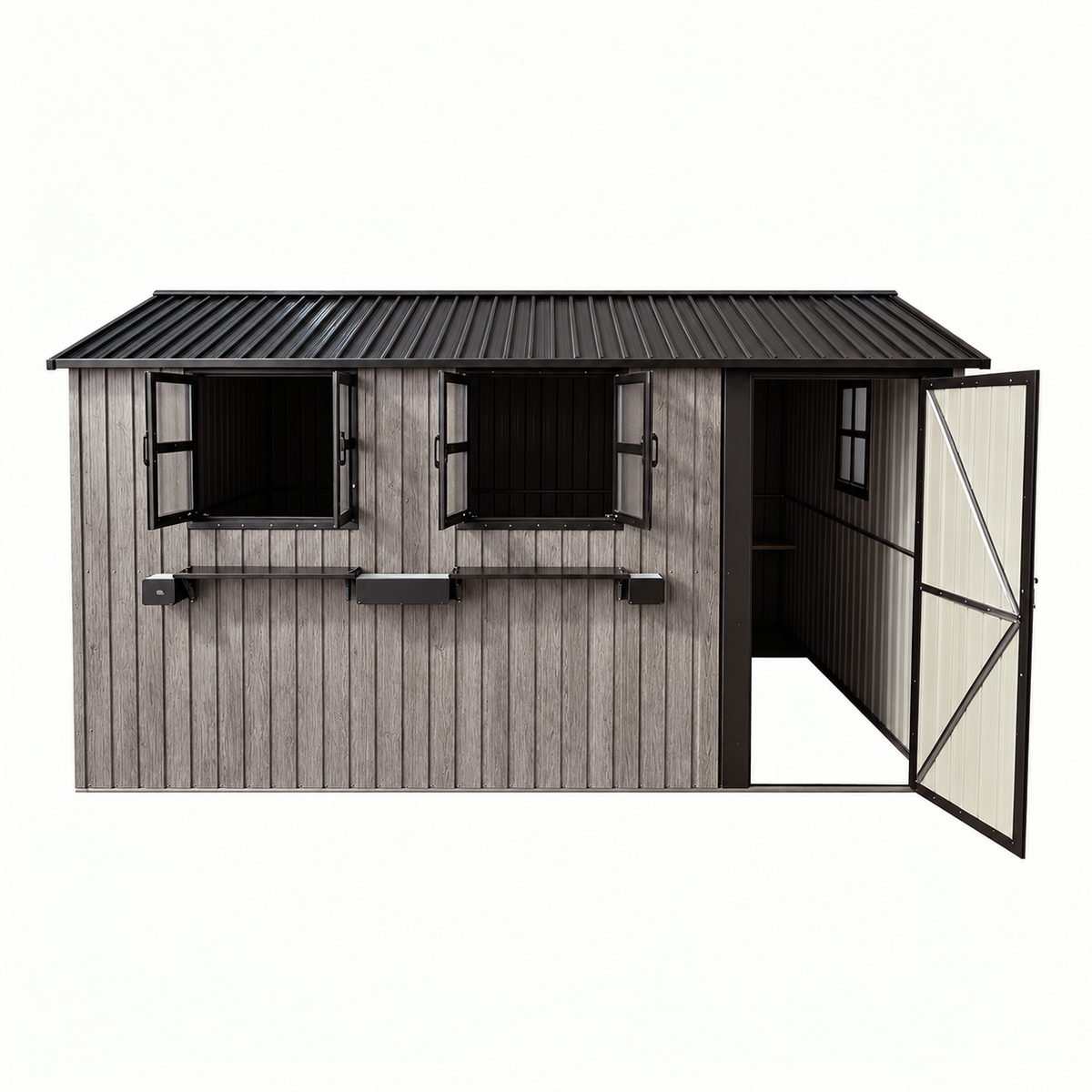 12' × 10' Outdoor Metal Storage Shed with 3 Clear Windows & Decorative Flower Rack, Lockable Single Door Tool Shed, Heavy Duty Waterproof Weatherproof Garden Shed for Backyard Patio Yard,Grey+Black