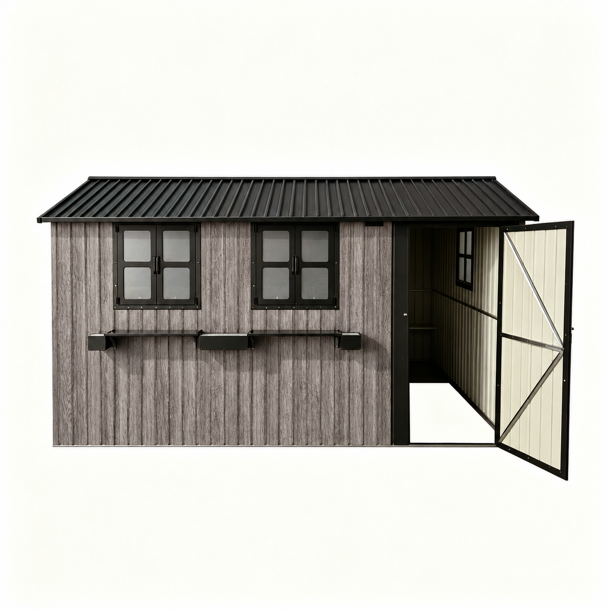 12' × 10' Outdoor Metal Storage Shed with 3 Clear Windows & Decorative Flower Rack, Lockable Single Door Tool Shed, Heavy Duty Waterproof Weatherproof Garden Shed for Backyard Patio Yard,Grey+Black