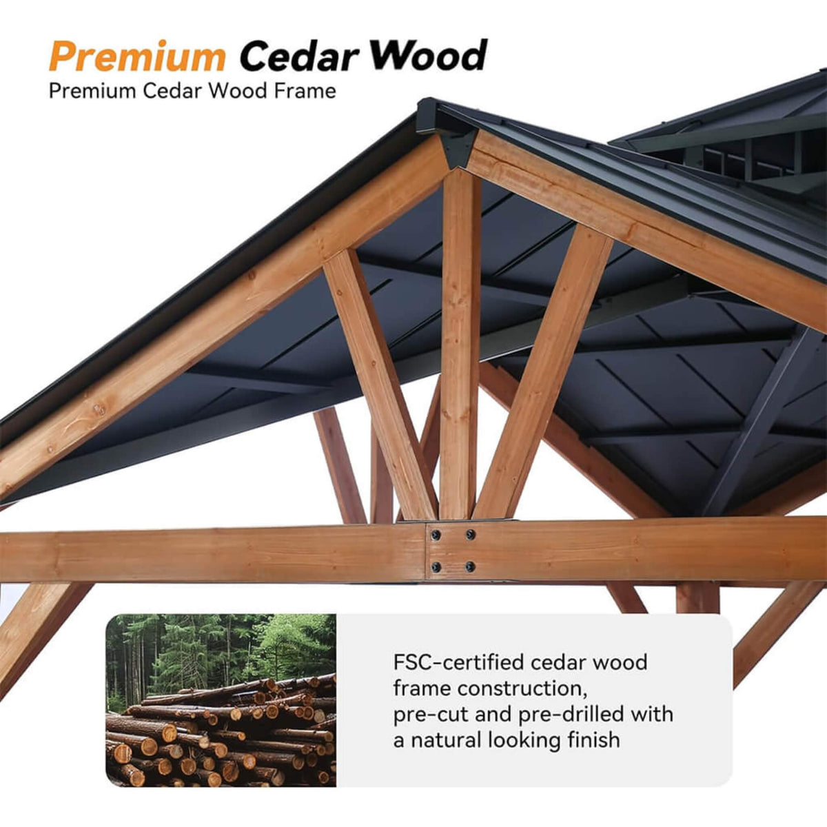 12' x 12' Premium Cedar Wood Hardtop Gazebo – Galvanized Steel Roof & Heavy‑Duty All‑Season Design - ALORA