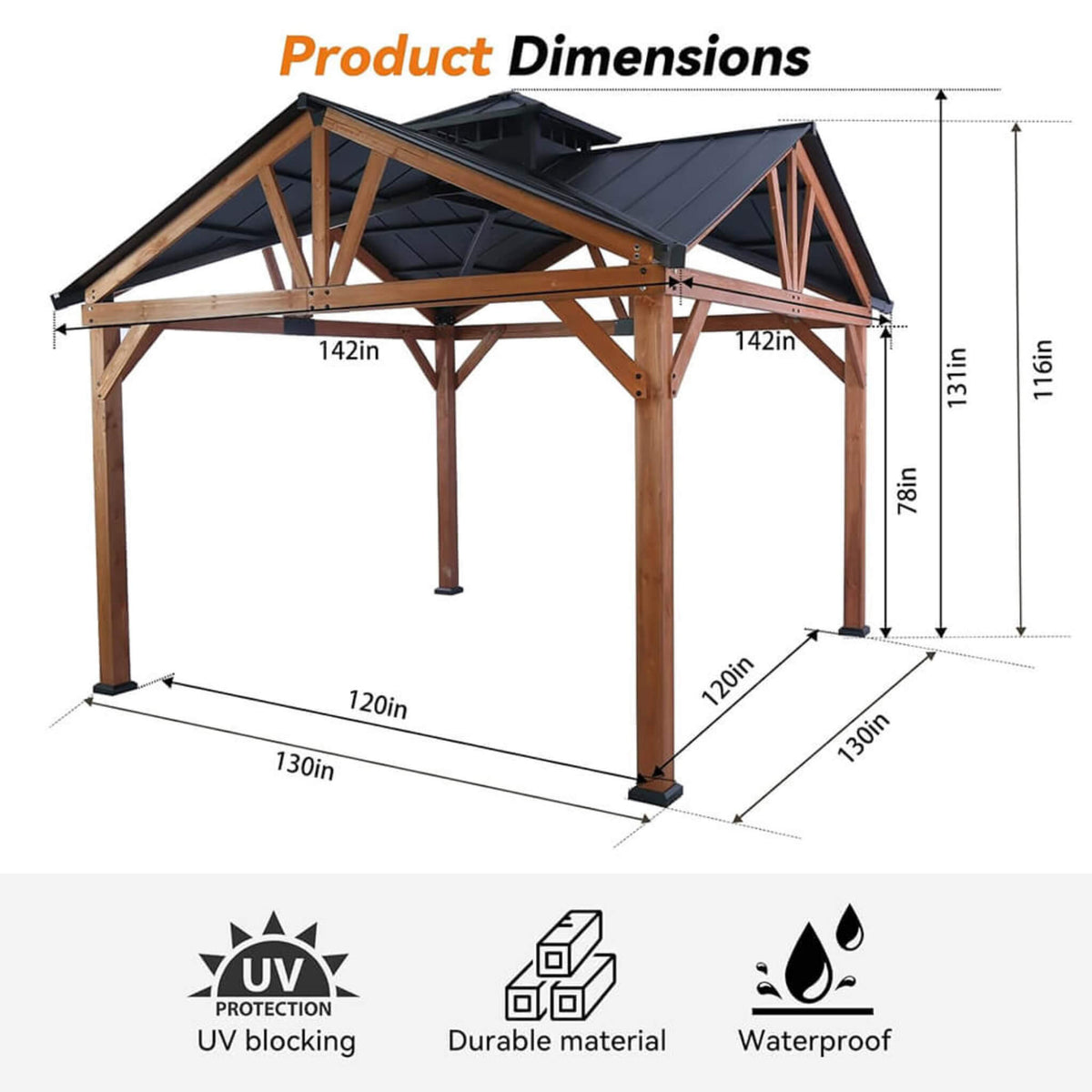12' x 12' Premium Cedar Wood Hardtop Gazebo – Galvanized Steel Roof & Heavy‑Duty All‑Season Design - ALORA