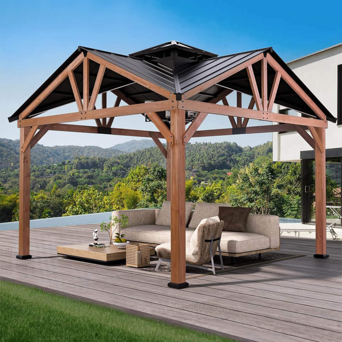 12' x 12' Premium Cedar Wood Hardtop Gazebo – Galvanized Steel Roof & Heavy‑Duty All‑Season Design - ALORA