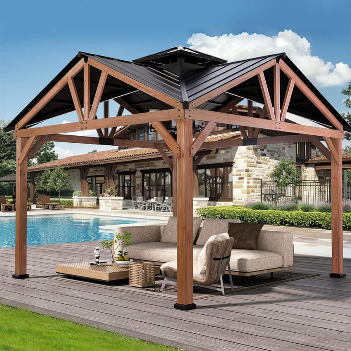 12' x 12' Premium Cedar Wood Hardtop Gazebo – Galvanized Steel Roof & Heavy‑Duty All‑Season Design - ALORA