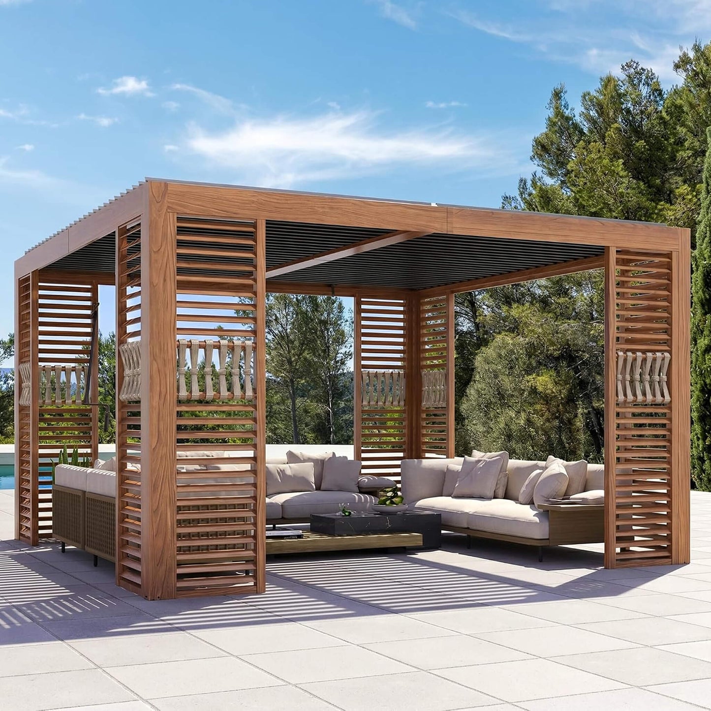 12X12  Alora Premium Outdoor Wood Grain Louvered Pergola With Integrated Drainage