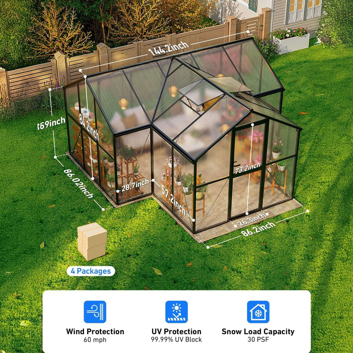 12' x 12' Heavy-Duty T-Shaped Polycarbonate Greenhouse – Aluminum Frame, 6mm UV-Resistant Panels & Adjustable Roof Vents