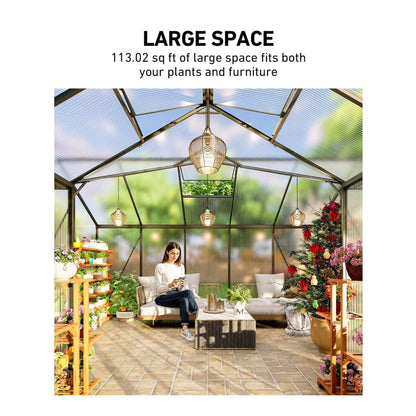 12' x 12' Heavy-Duty T-Shaped Polycarbonate Greenhouse – Aluminum Frame, 6mm UV-Resistant Panels & Adjustable Roof Vents