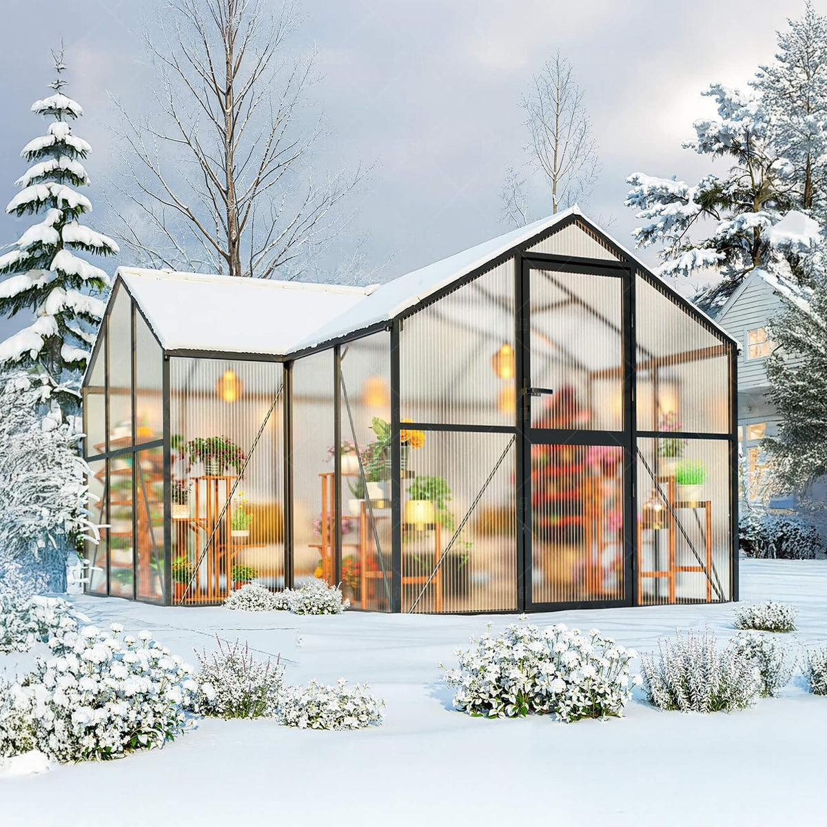 12' x 12' Heavy-Duty T-Shaped Polycarbonate Greenhouse – Aluminum Frame, 6mm UV-Resistant Panels & Adjustable Roof Vents