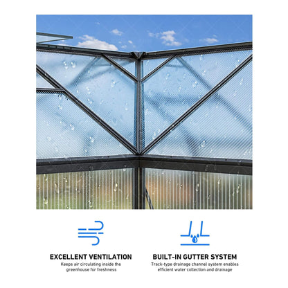 12' x 12' Heavy-Duty T-Shaped Polycarbonate Greenhouse – Aluminum Frame, 6mm UV-Resistant Panels & Adjustable Roof Vents