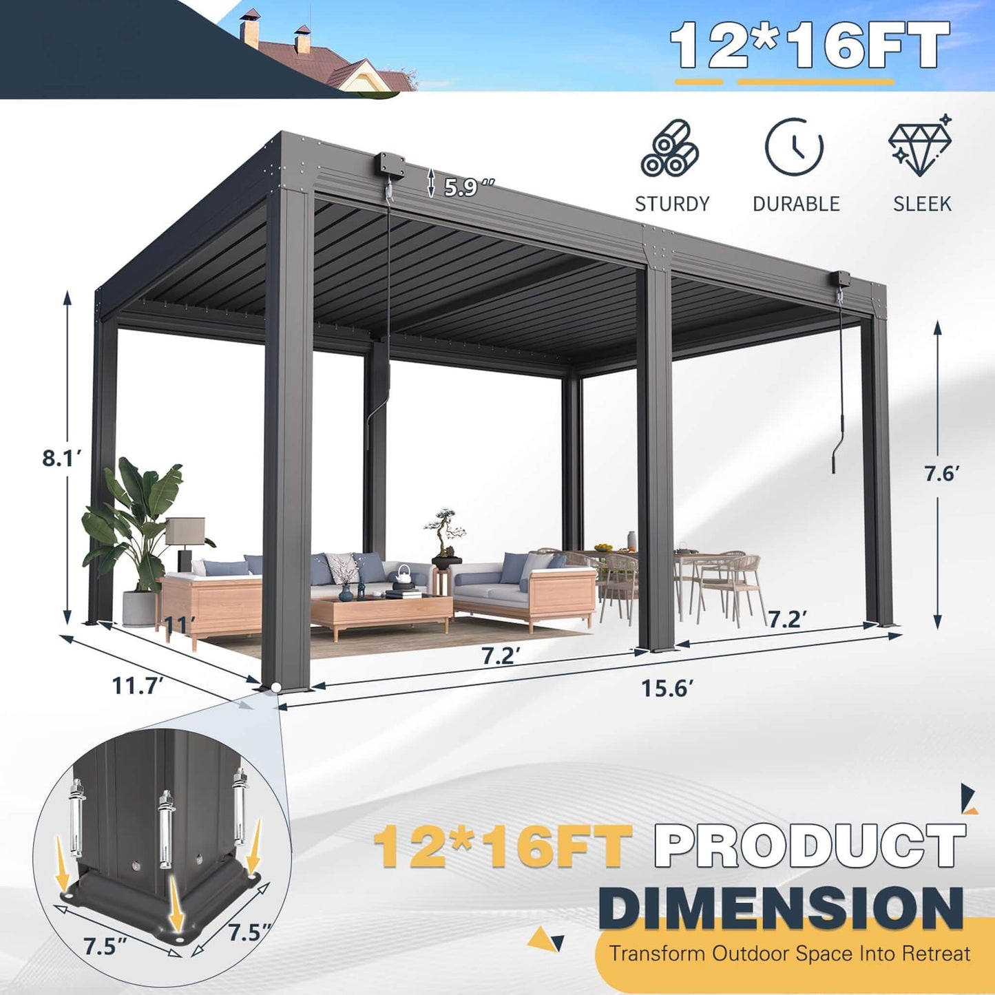 Alora Louvered Aluminum Pergola With Adjustable Roof And Pull-Down Screens
