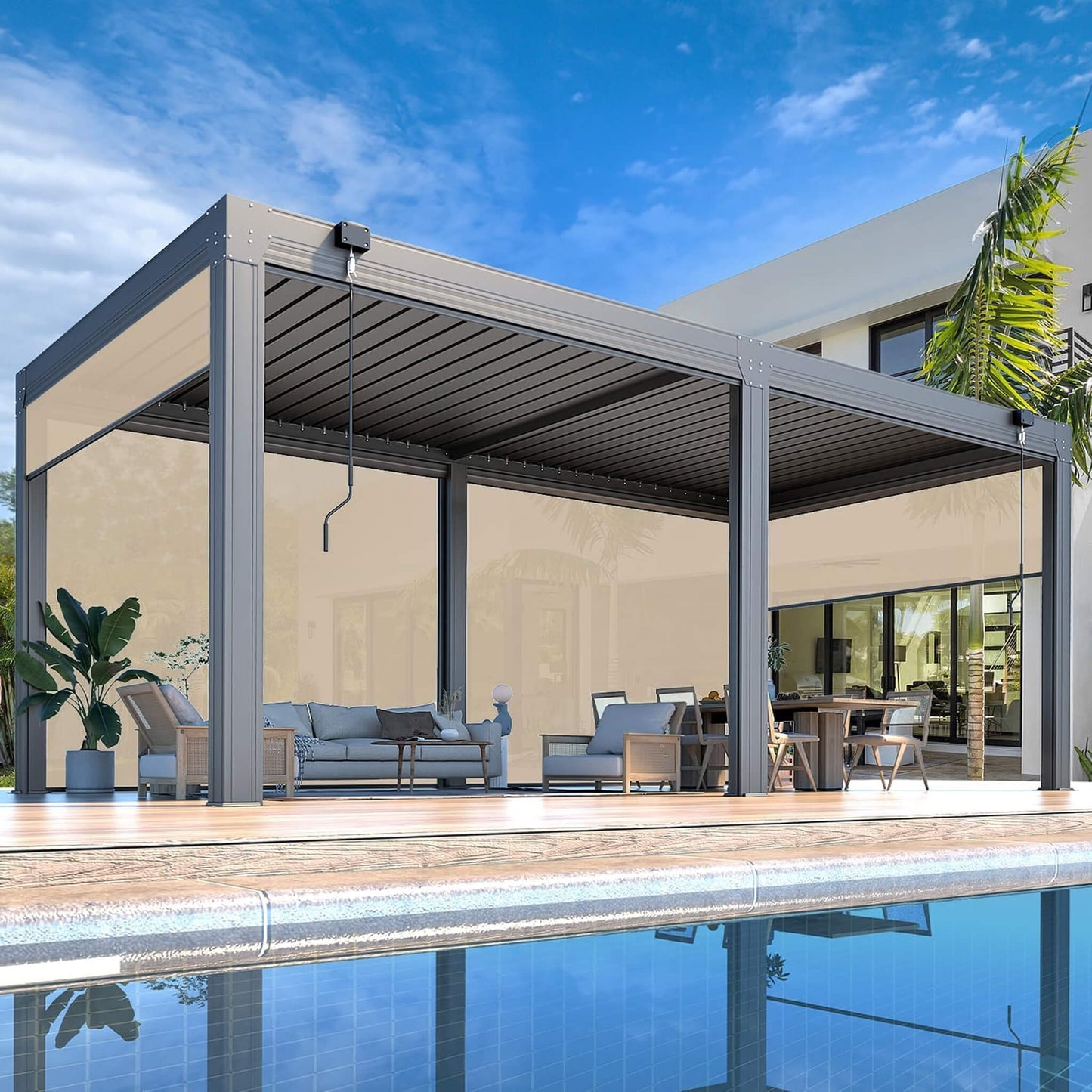 Alora Louvered Aluminum Pergola With Adjustable Roof And Pull-Down Screens