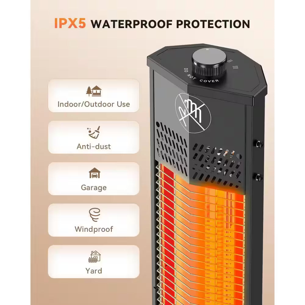 1500W Outdoor Infrared Patio Heater, 36In Portable Tower W 3 Heat Levels, IPX5 Waterproof, Tip-Over&Overheat Protection