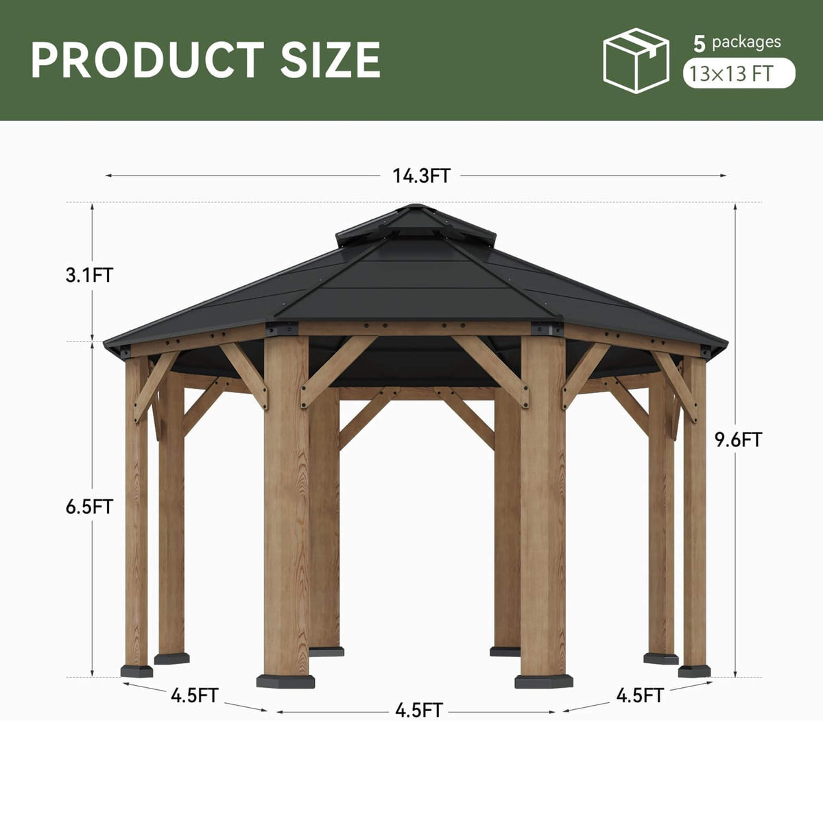 13' x 13' Octagonal Hardtop Cedar Wood Gazebo
