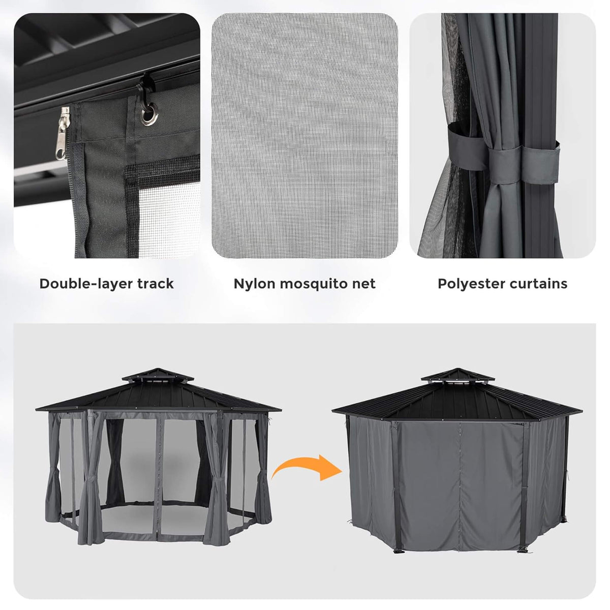 13' x 15' Hardtop Hexagonal Gazebo – Double‑Tier Aluminum Roof & All‑Weather Outdoor Pavilion