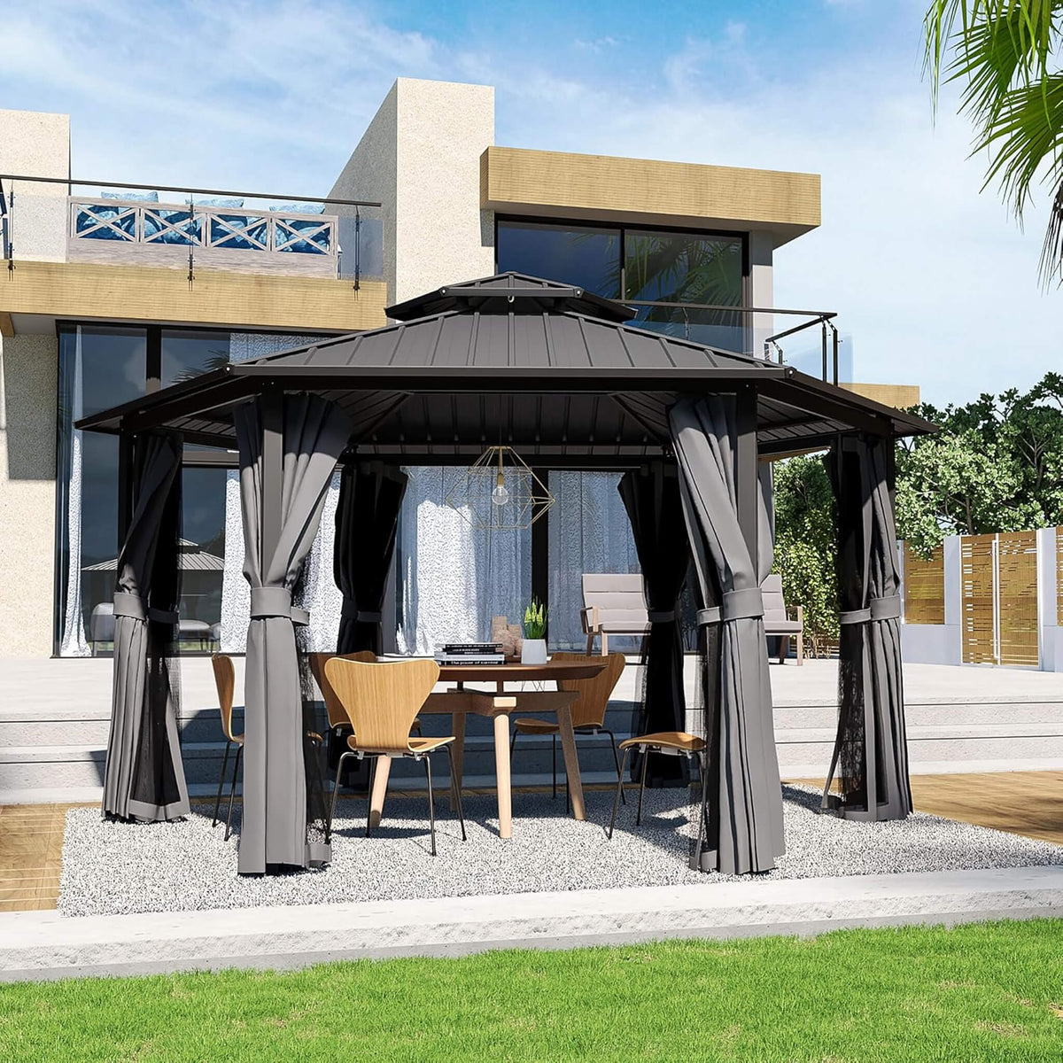 13' x 15' Hardtop Hexagonal Gazebo – Double‑Tier Aluminum Roof & All‑Weather Outdoor Pavilion