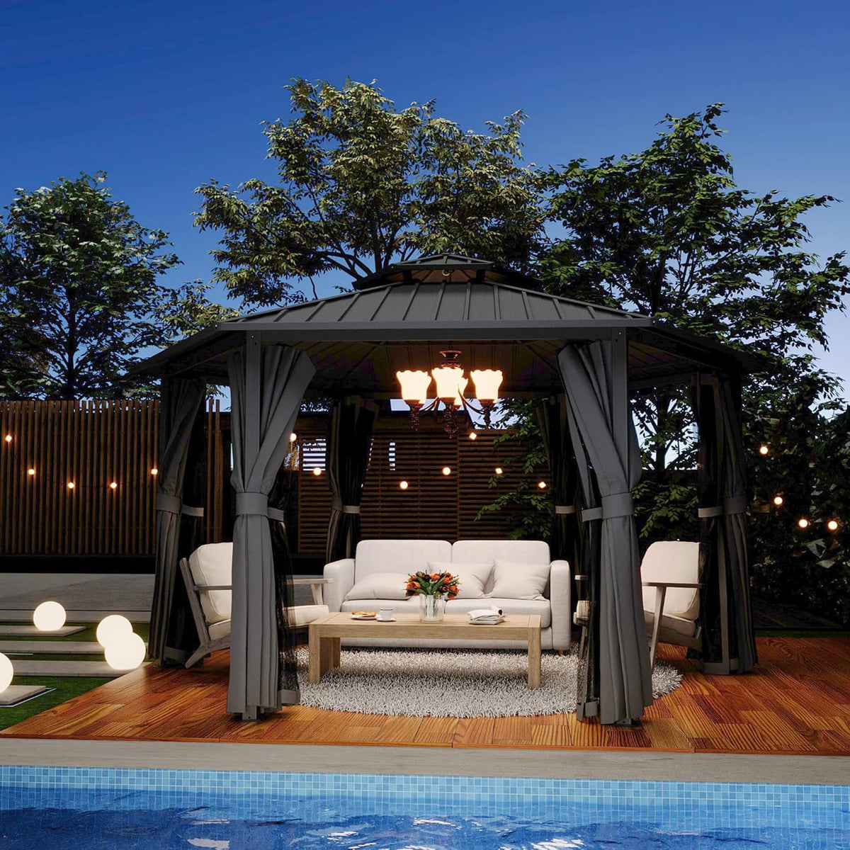 13' x 15' Hardtop Hexagonal Gazebo – Double‑Tier Aluminum Roof & All‑Weather Outdoor Pavilion