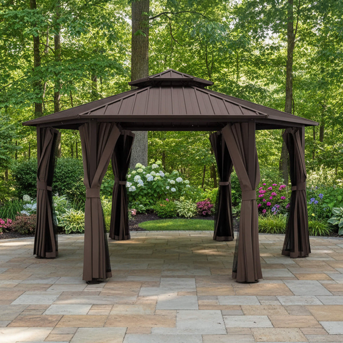13' x 15' Hardtop Hexagonal Gazebo – Double‑Tier Aluminum Roof & All‑Weather Outdoor Pavilion